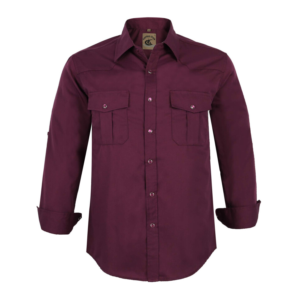 Coevals Club Herren-Western-Cowboy-Arbeitshemd Mit Langen Rmeln Und Perlendruckknopf, L Ssig, Einfarbig (Burgunderrot 7 3XL)-image