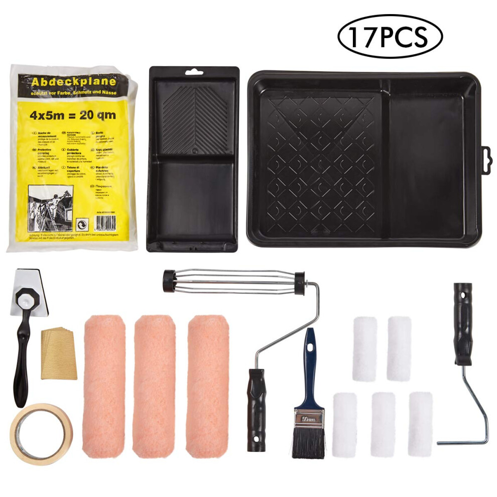 PILOT FISH 17 Pieces Paint Roller Set  9 Inch 4 Inch Paint Roller Kit with Frames  Roller Paint Brush Tray Kit  Small Paint Rollers for Wall Painting