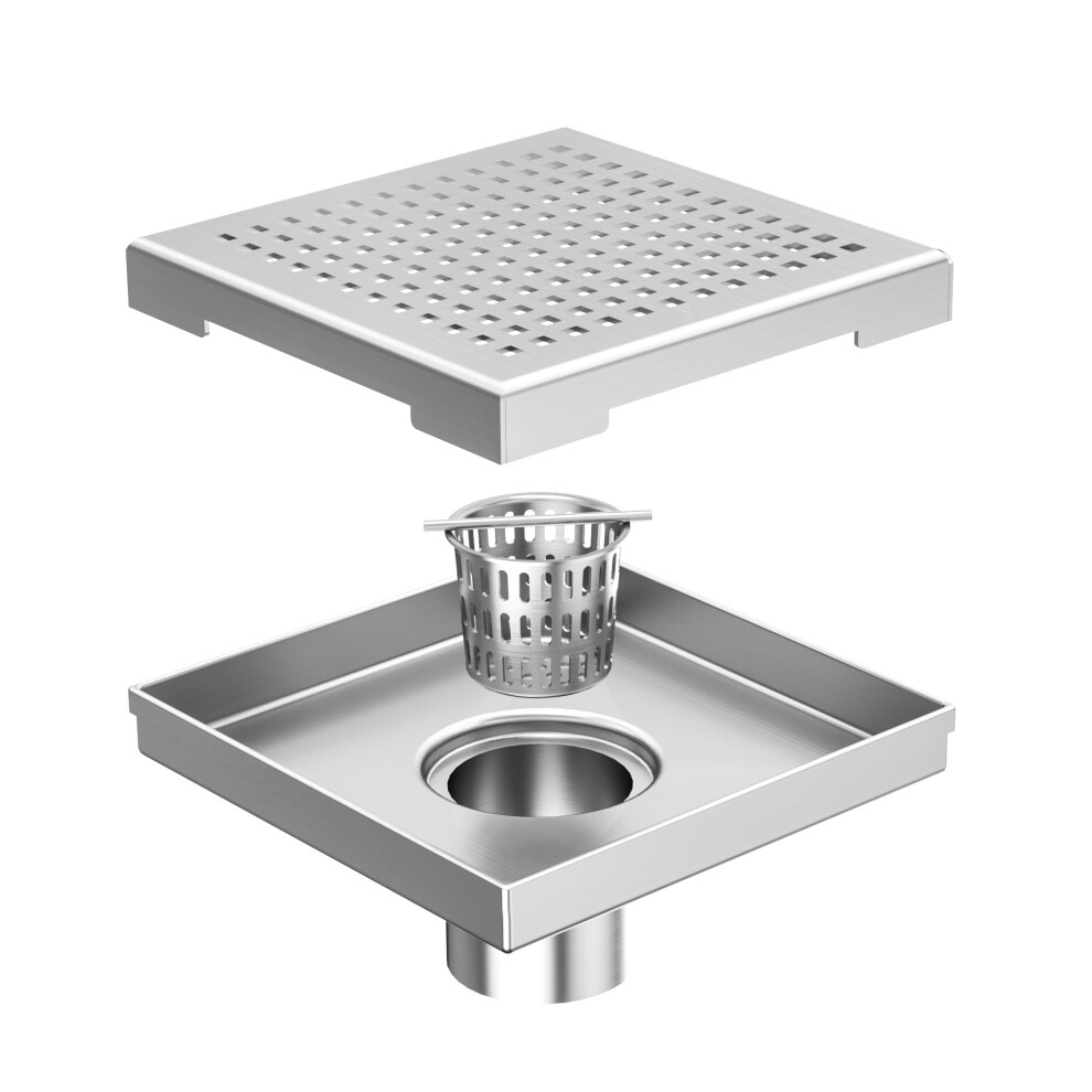 Neodrain 6-Inch Square Shower Drain With Removable Quadrato Pattern Grate Brushed 304 Stainless Steel With Watermark&Cupc Certified 611677861681