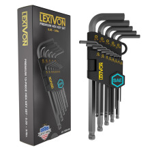 LEXIVON inbussleutelset, 13-delig, premium SAE inbussleutels, L-vormig, lange arm, kogelkop, industrieel S2-gelegeerd staal (LX-130H-IN)