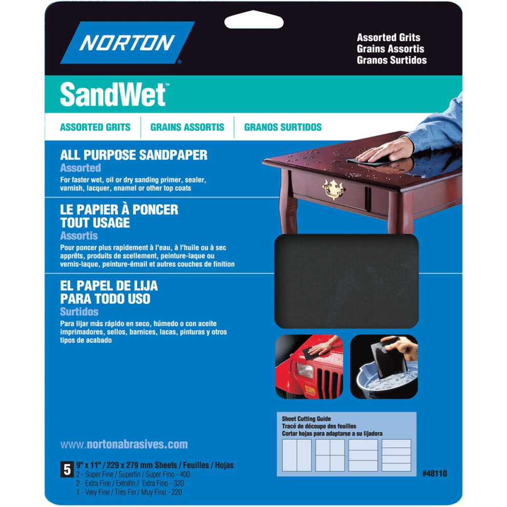 Norton 48110 Sand Wet Sandpaper Assorted Grit  9-Inch x 11-Inch  5-Pack