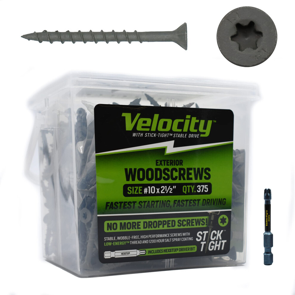 Velocity Exterior Wood Screw Contractor Pack - 375 Wood Screws  Made with Carbon Steel  Includes 1 Hexstix Drive Bit and Durable Bulk Screw Storage Or