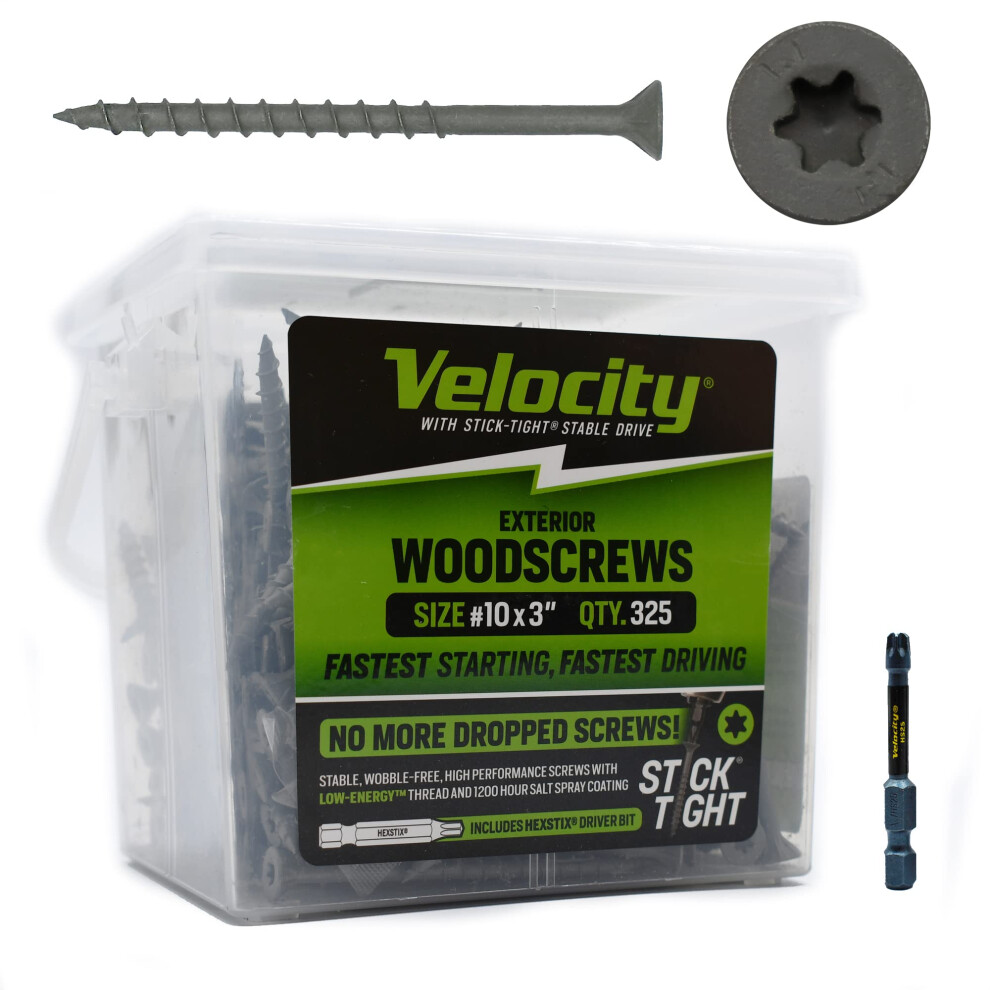 Velocity Exterior Wood Screw Contractor Pack - 325 Wood Screws  Made with Carbon Steel  Includes 1 Hexstix Drive Bit and Durable Bulk Screw Storage Or