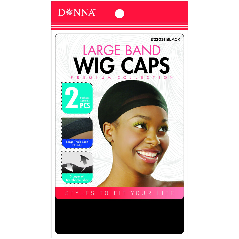 DONNA Stocking Large Band Wig Caps 2pcs Black Wig Head Wig Caps for Women Hair Bonnet for Sleeping Hair Net Black