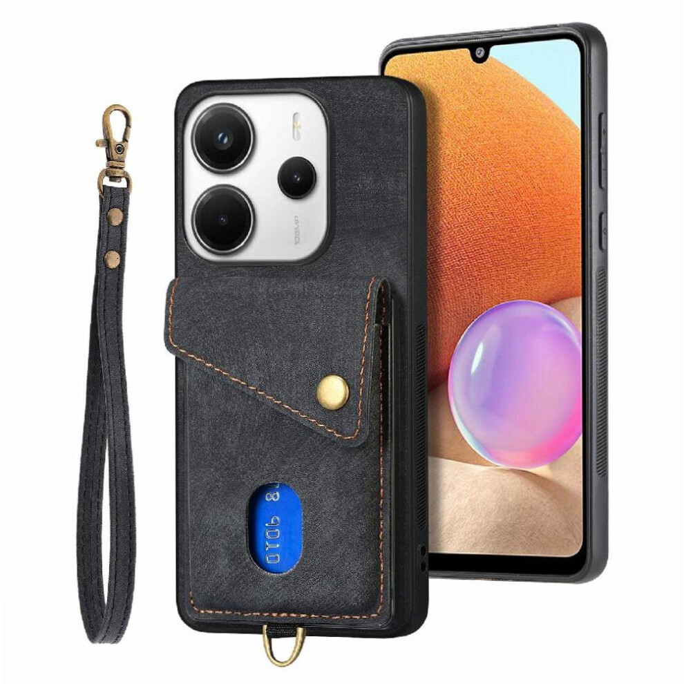(Black) Case For Xiaomi Redmi Note 14 4G Detachable Lanyard Multifunctional Card Slot Magnetic Closure Premium Leather Black 764544191197
