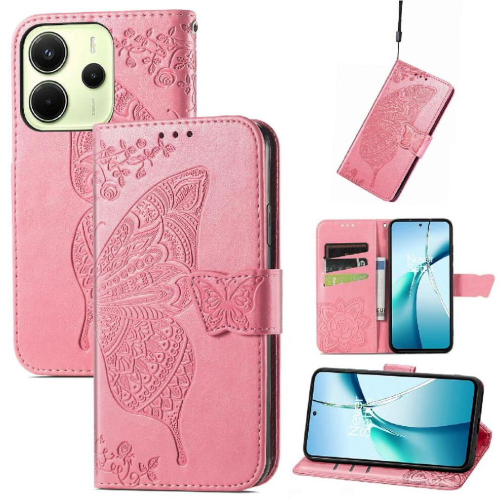 (Pink) Flip Case For Xiaomi Redmi Note 14 4G Multi-Color Butterfly Wallet Business Wing Pink 764544191920