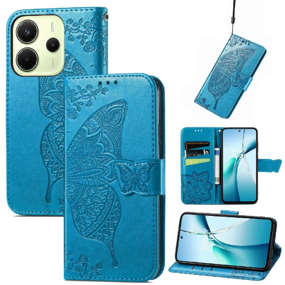 (Blue) Flip Case For Xiaomi Redmi Note 14 4G Multi-Color Butterfly Wallet Business Wing Blue 764544191906