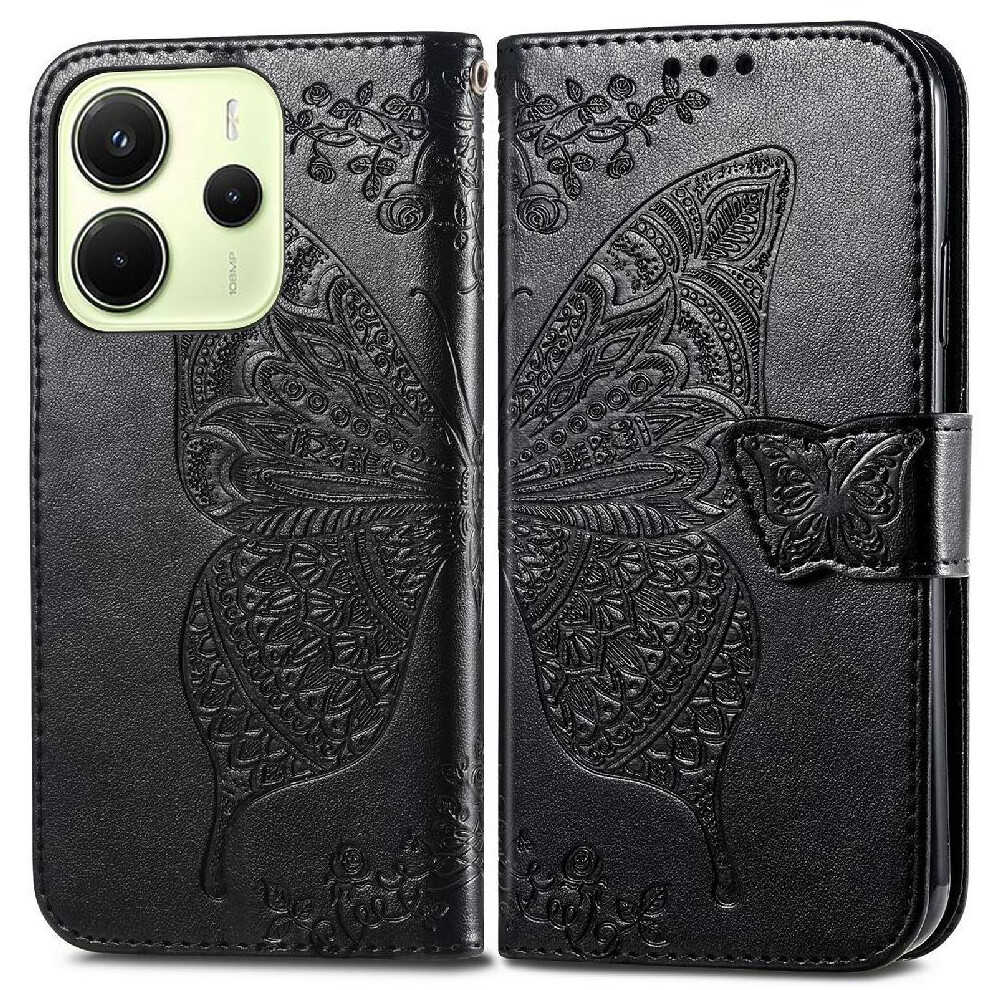 (Black) Flip Case For Xiaomi Redmi Note 14 4G Multi-Color Butterfly Wallet Business Wing Black 764544191876