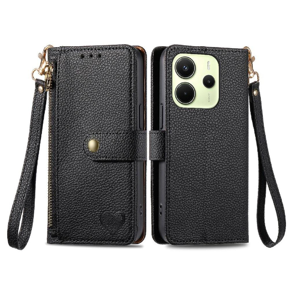 (Black) Case For Xiaomi Redmi Note 14 4G Love Leather Case Zipper Lanyard Wallet Black 764544192095