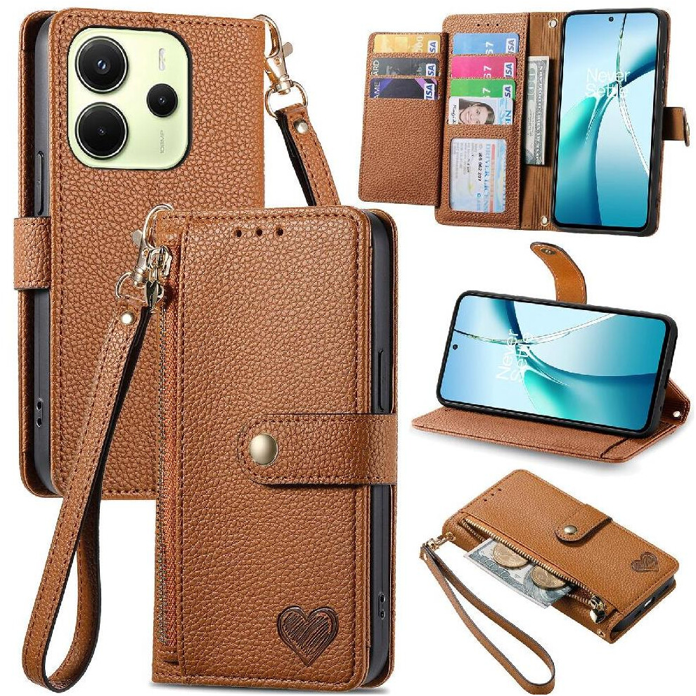 (Brown) Case For Xiaomi Redmi Note 14 4G Love Leather Case Zipper Lanyard Wallet Brown 764544192057