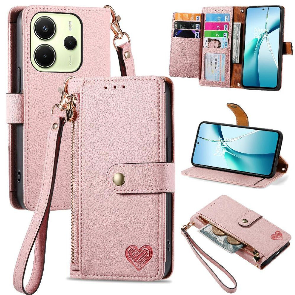 (Pink) Case For Xiaomi Redmi Note 14 4G Love Leather Case Zipper Lanyard Wallet Pink 764544192064