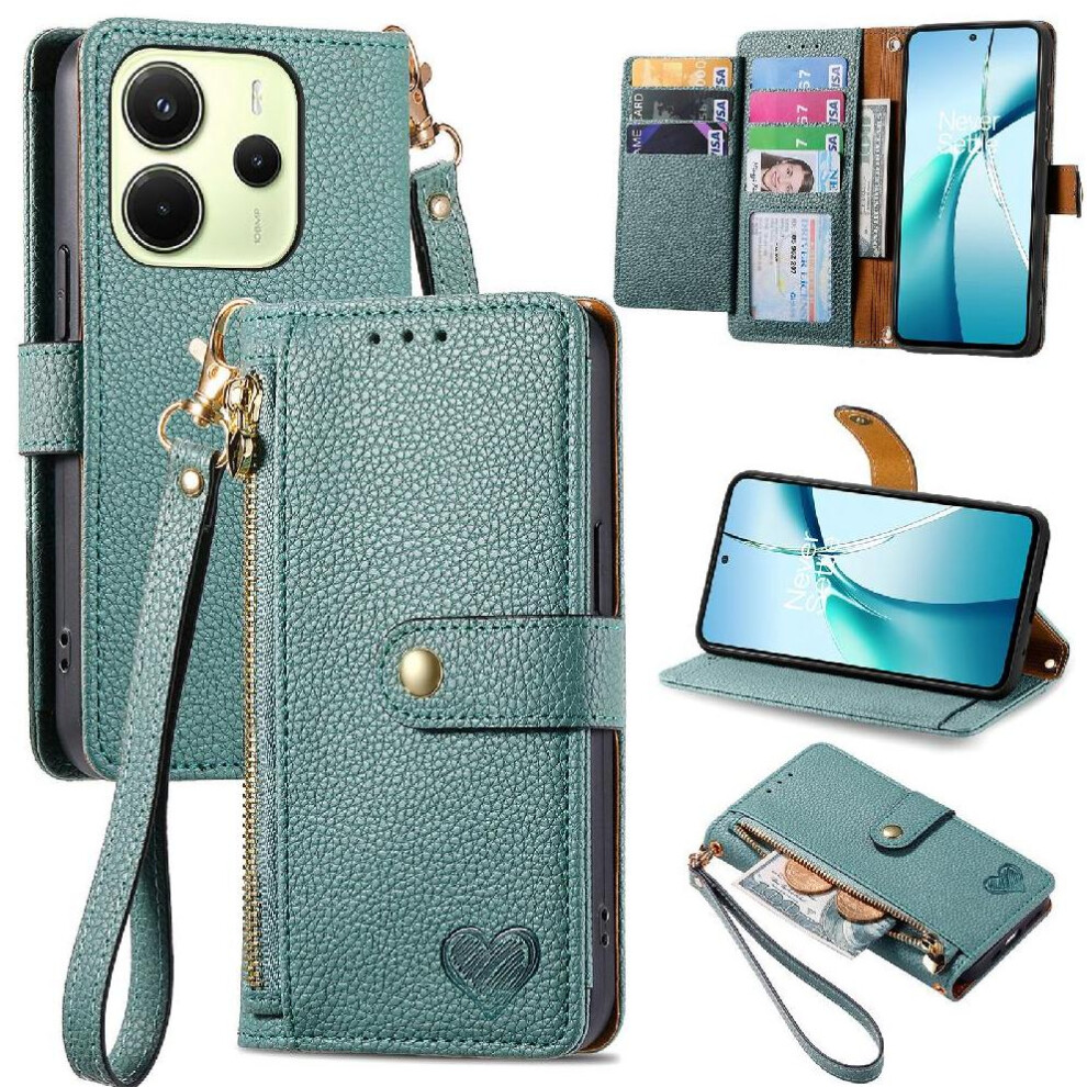 (Green) Case For Xiaomi Redmi Note 14 4G Love Leather Case Zipper Lanyard Wallet Green 764544192088