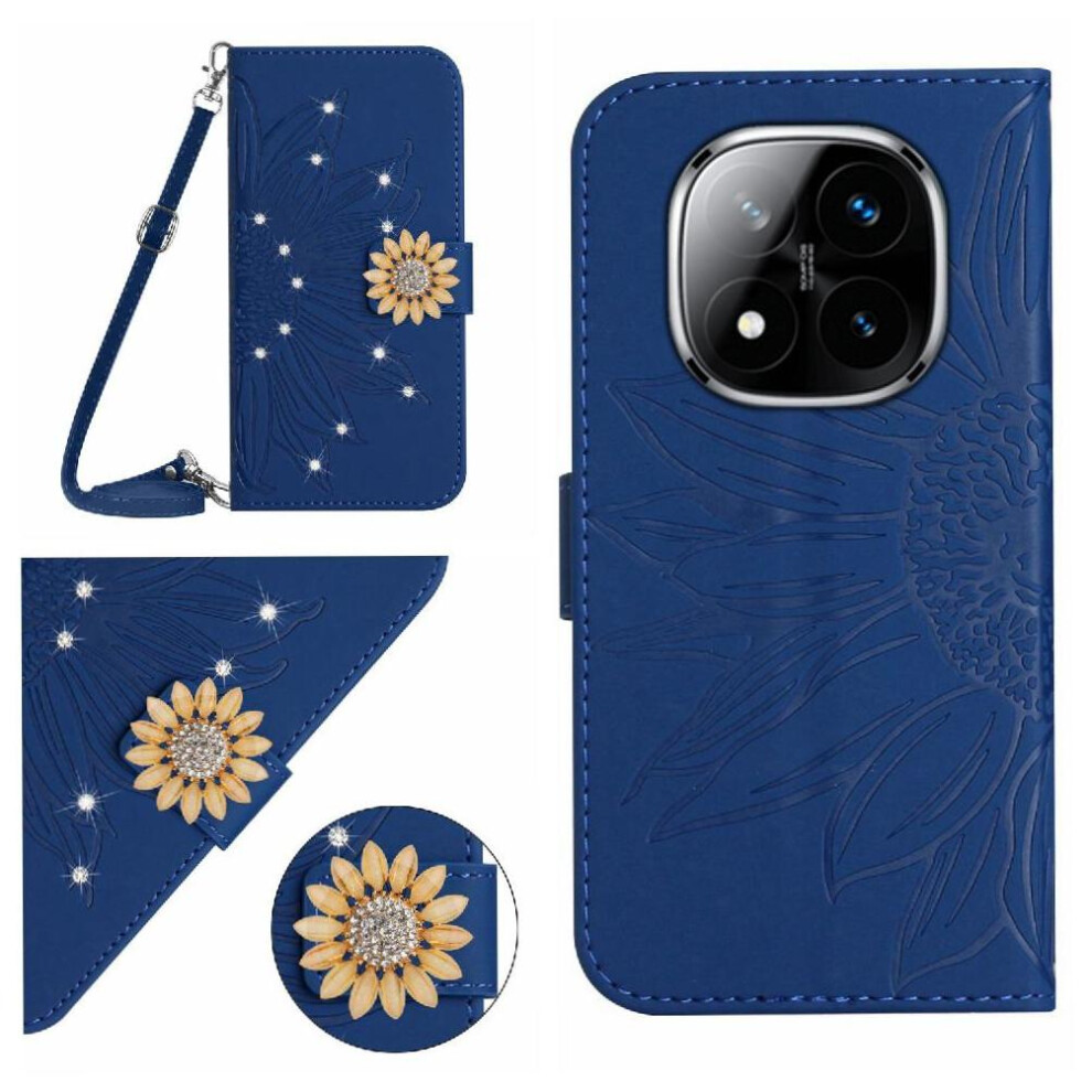 (Dark ) Flip Case For Xiaomi Redmi Note 14 Pro 4G With Card Slot Stand Leather Wallet Kickstand Protective Sunflower With A Long Lanyard Blue 764544192934