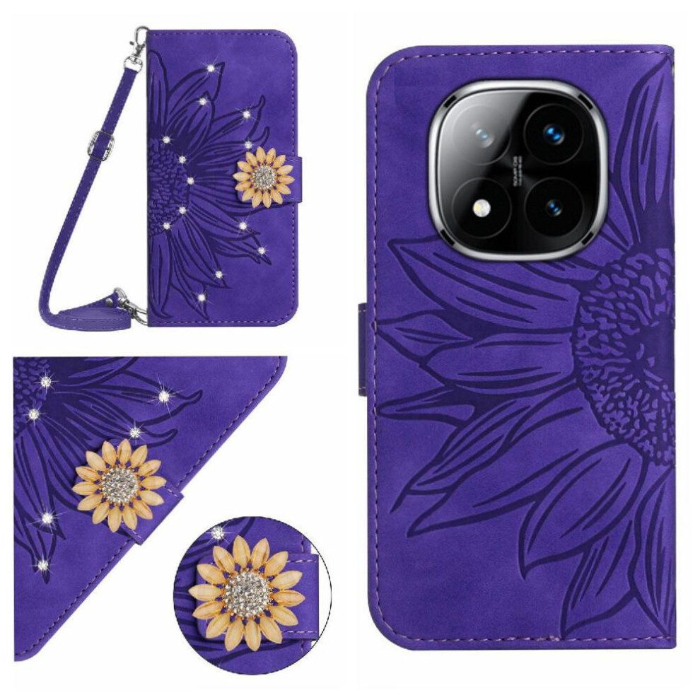 ( Violet) Flip Case For Xiaomi Redmi Note 14 Pro 4G With Card Slot Stand Leather Wallet Kickstand Protective Sunflower With A Long Lanyard Dark 764544192996