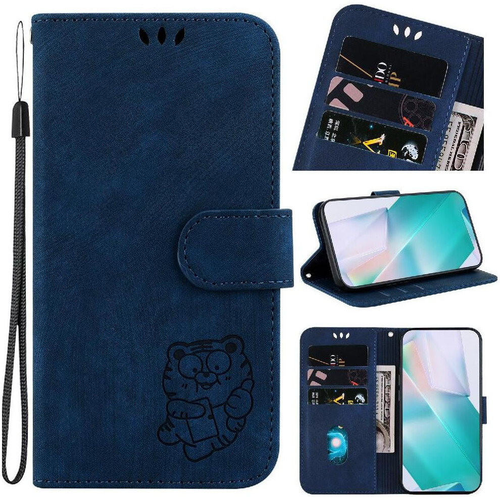 (Blue) Case For Xiaomi Redmi Note 14 4G Embossed Cute Tiger Wallet Case Card Pocket Holder Cover Flip Folio Blue 764544195089