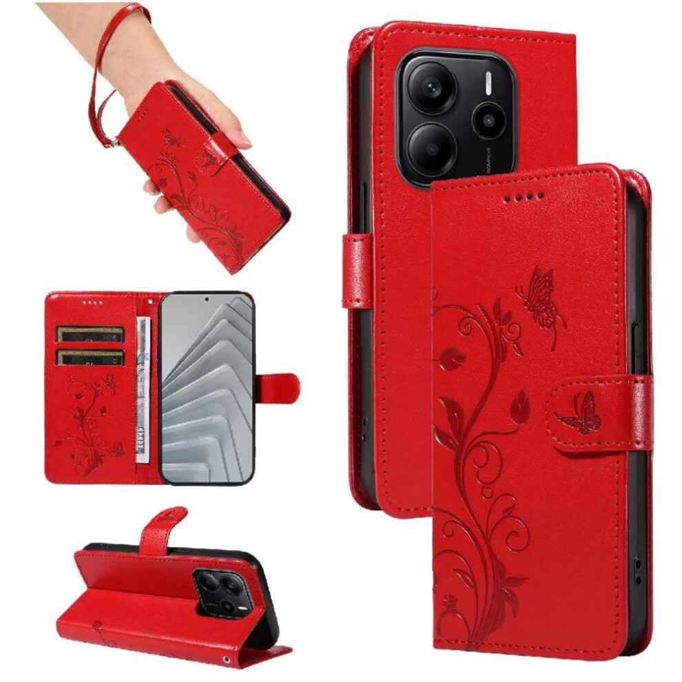 (Red) Case For Xiaomi Mi Note 14 4G And Card Slot Embossed Butterfly High Quality Leather Wallet Phone Case With Hand Strap Red 764544195140