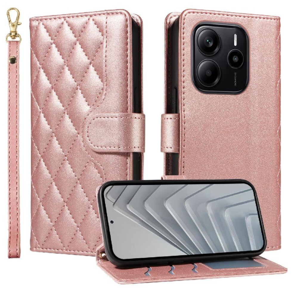 (Pink) Flip Case For Xiaomi Redmi Note 14 4G Detachable Wrist Strap And Long Lanyard Wallet Card Slots Lattice Flip Folio Phone Case With Stand Pink 764544195355