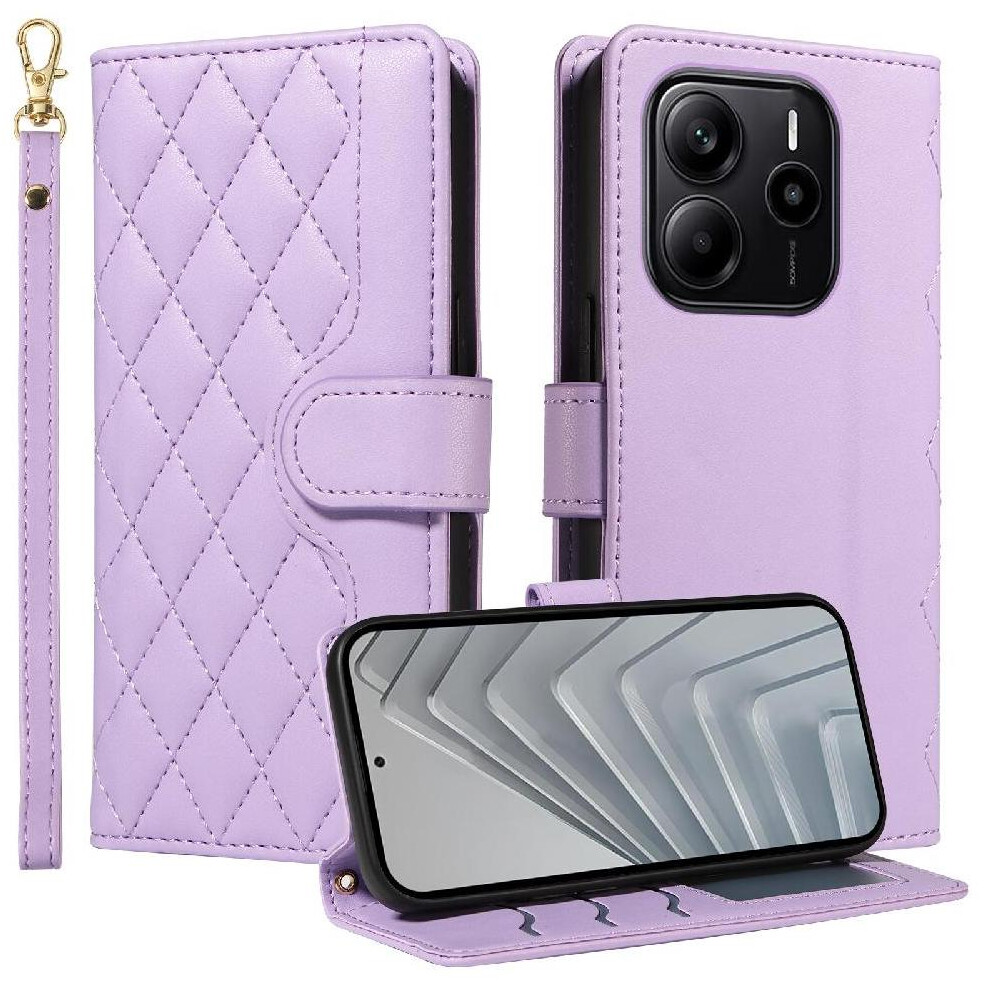 (Purple) Flip Case For Xiaomi Redmi Note 14 4G Detachable Wrist Strap And Long Lanyard Wallet Card Slots Lattice Flip Folio Phone Case With Stand Purple 764544195379