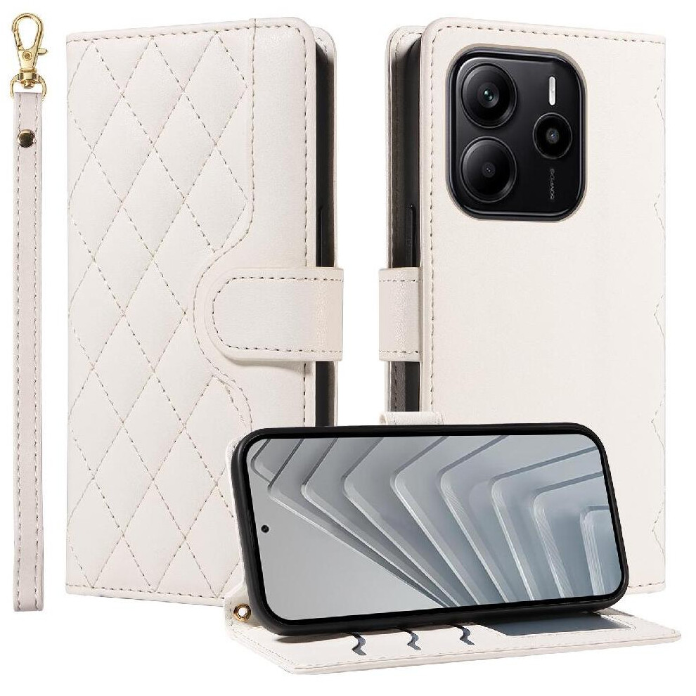 (White) Flip Case For Xiaomi Redmi Note 14 4G Detachable Wrist Strap And Long Lanyard Wallet Card Slots Lattice Flip Folio Phone Case With Stand White 764544195423