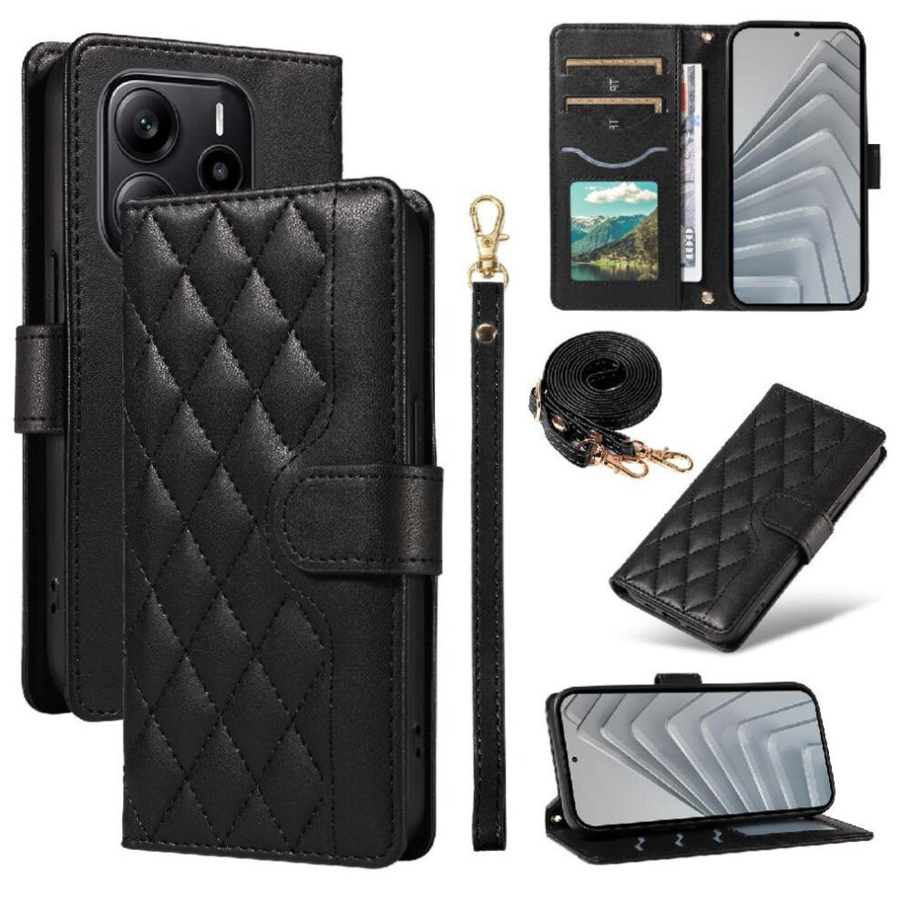 (Black) Flip Case For Xiaomi Redmi Note 14 4G Detachable Wrist Strap And Long Lanyard Wallet Card Slots Lattice Flip Folio Phone Case With Stand Black 764544195362