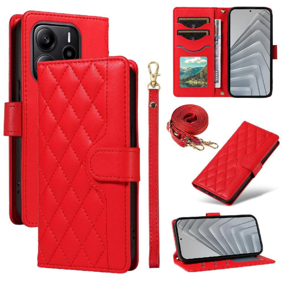 (Red) Flip Case For Xiaomi Mi Note 14 4G Detachable Wrist Strap And Long Lanyard Wallet Card Slots Lattice Flip Folio Phone Case With Stand Red 764544195386