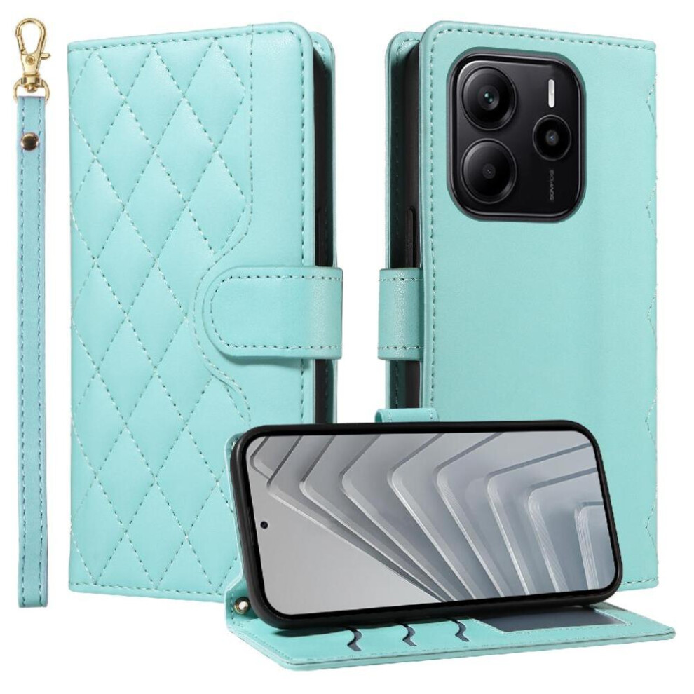 (Green) Flip Case For Xiaomi Redmi Note 14 4G Detachable Wrist Strap And Long Lanyard Wallet Card Slots Lattice Flip Folio Phone Case With Stand Green 764544195416