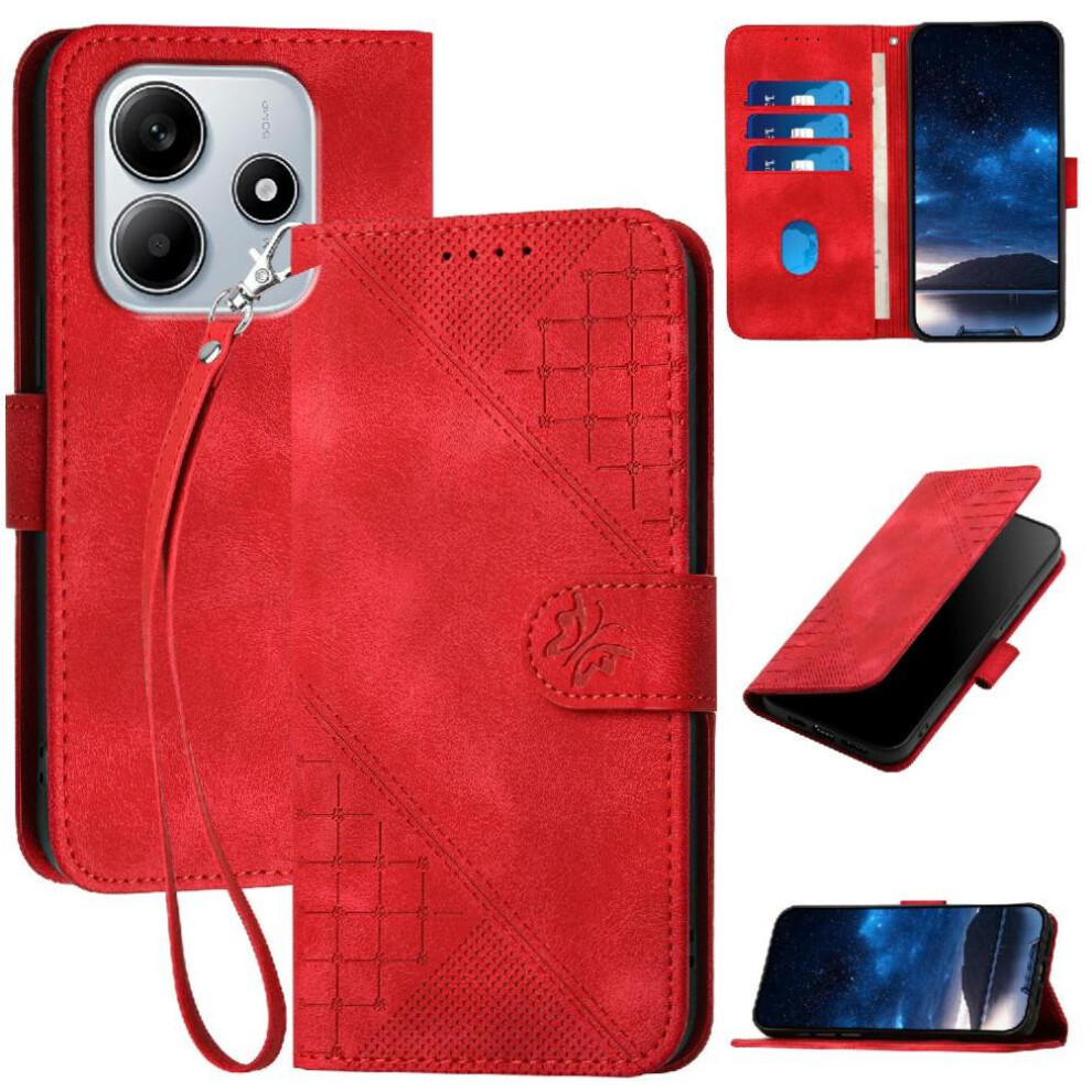 (Red) Flip Case For Xiaomi Mi Note 14 4G And Credit Card Slot Embossed Butterfly With Detachable Hand Strap High Quality Leather Phone Case Red 764544195621