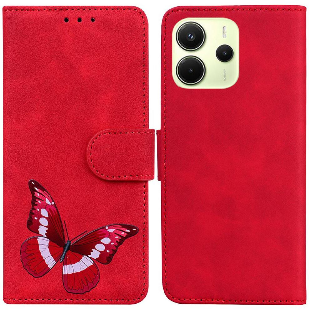 (Red) Case For Xiaomi Mi Note 14 4G Butterfly Card Slots Wallet Color Printed Flip Folio Cover Red 764544196222