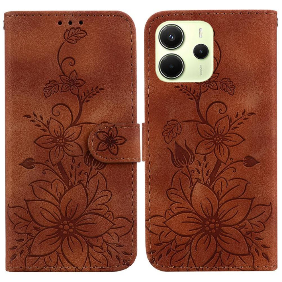 (Brown) Flip Case For Xiaomi Redmi Note 14 4G Kickstand Embossed Lily Card Holder Wallet Magnetic Brown 764544196710