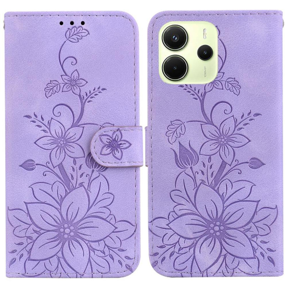 (Purple) Flip Case For Xiaomi Redmi Note 14 4G Kickstand Embossed Lily Card Holder Wallet Magnetic Purple 764544196734