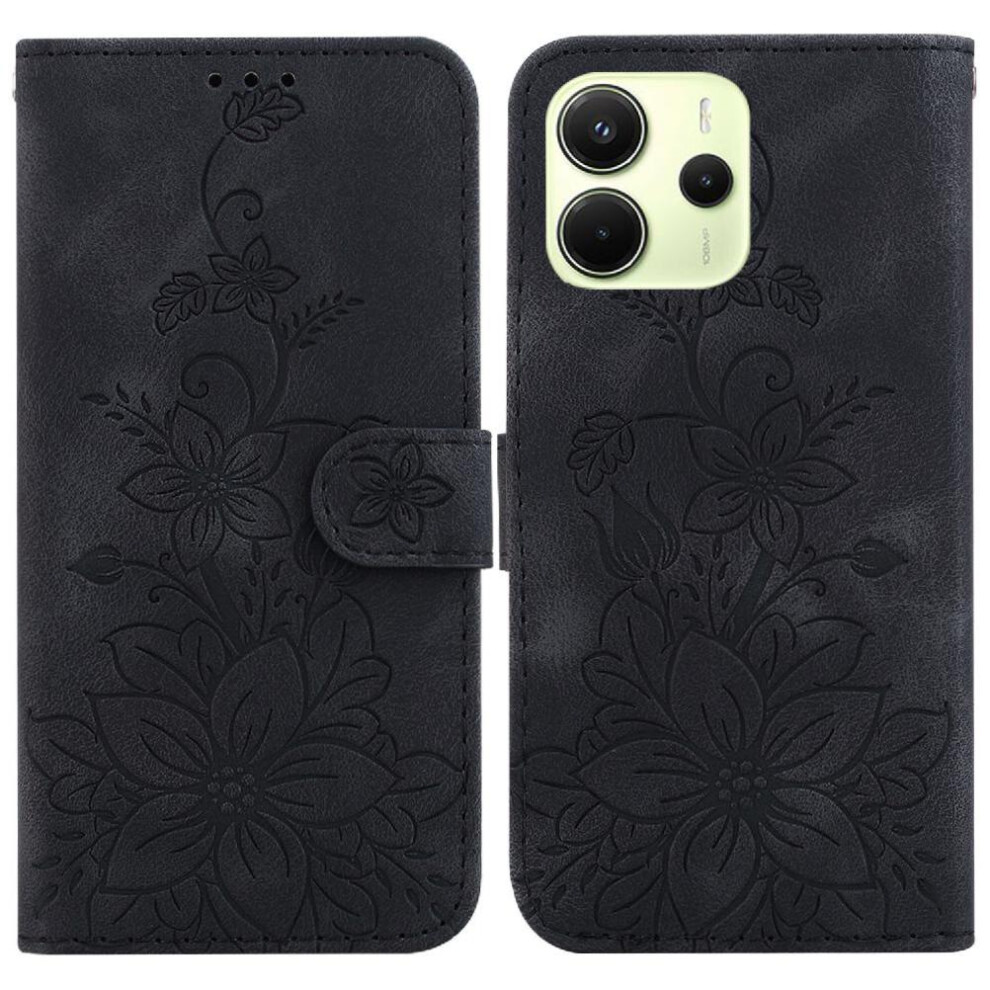 (Black) Flip Case For Xiaomi Redmi Note 14 4G Kickstand Embossed Lily Card Holder Wallet Magnetic Black 764544196758