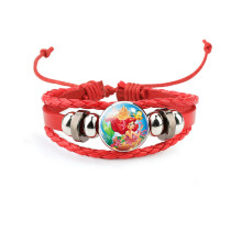 (34401108) Elegante pulsera multicapa de cuero rojo para niños con una simpática caricatura de sirena