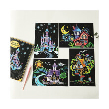 (House?4 paintings?) Colorful Scratch Art Paper Magic Painting Paper with Drawing Stick Decorate