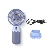 (Azul) Mini ventilador de mano de dibujos animados con carga USB, potente brisa, estilo portátil