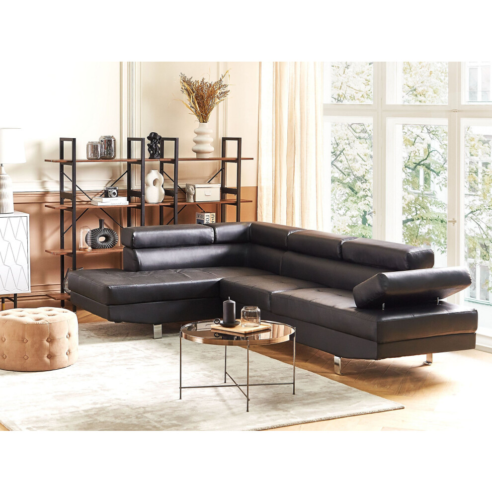 (Left Hand Facing Corner  Black) Fidenza Leather Corner Sofa adjustable Headrest