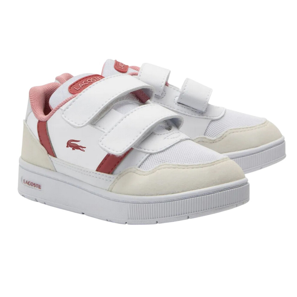 (5.5 UK Child, White/Pink) Lacoste Childrens/Kids T-Clip Synthetic Suede Trainers