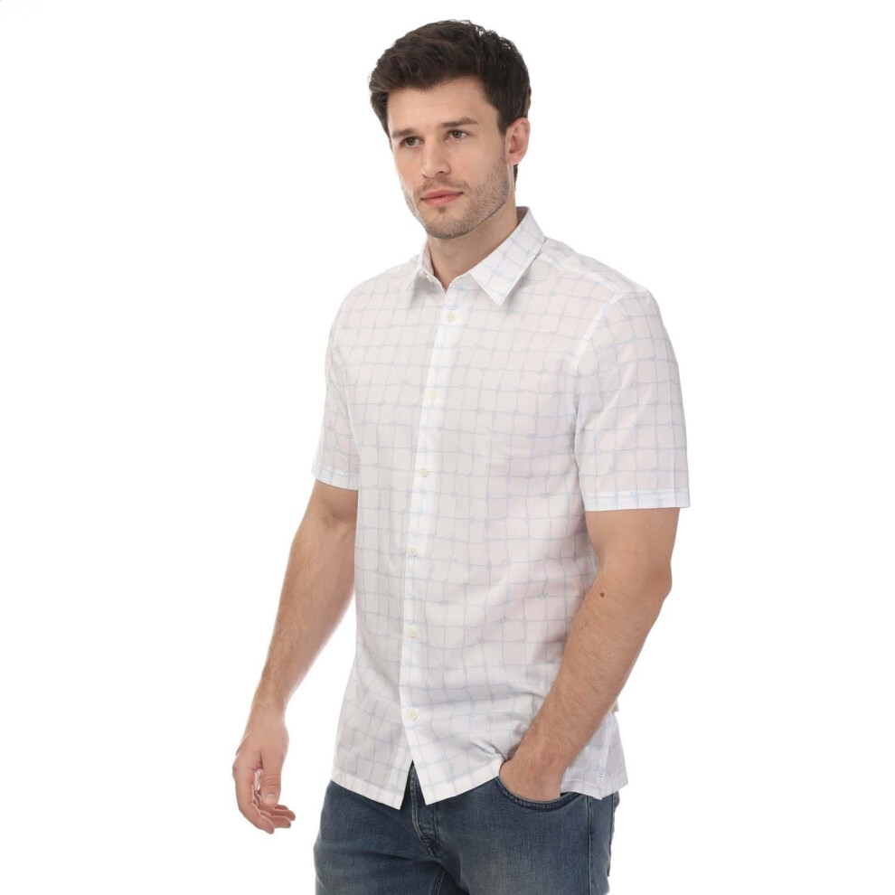 (S, White) Ted Baker Mens Checked Short-Sleeved Shirt