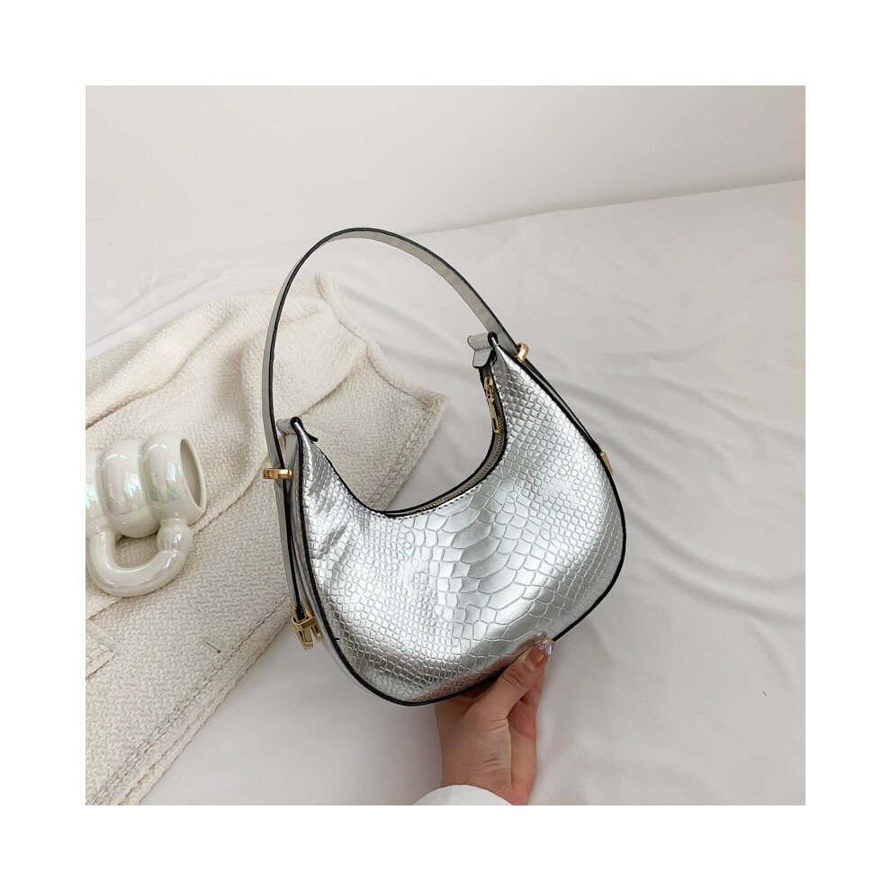 (Silver) Crescent Vintage Elegant Shoulder Bag For Autumn Stylish Accessory With Trendy Color Options And Texture Pu Soft-image-OPC-PGTY7TM-NEW