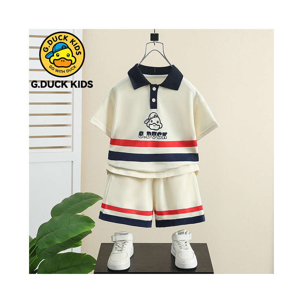 (Apricot, 150cm) Comfy And Cool Boys Summer Clothing Set With Short Sleeve Polo Shirt And Shorts Cartoon Character-image-OPC-PGTYX5C-NEW