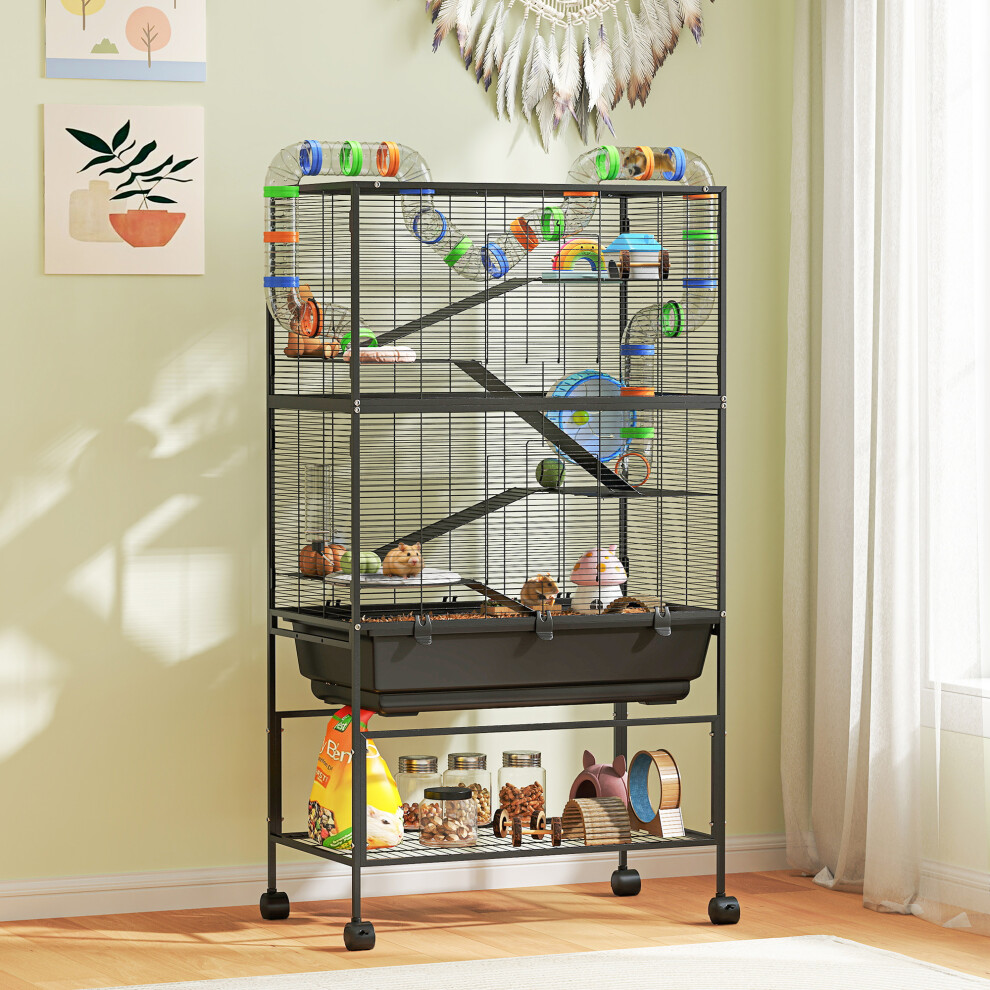Pawhut (L) Hamster Cage, Gerbil Cage On Wheels With Storage Shelf