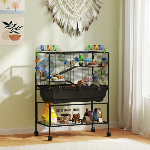PawHut (M) PawHut Hamster Cage, Gerbil Cage on Wheels with Storage Shelf