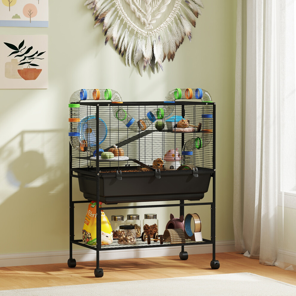 Pawhut (M) Hamster Cage, Gerbil Cage On Wheels With Storage Shelf
