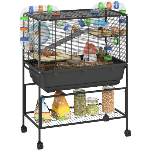 PawHut (M) PawHut Hamster Cage, Gerbil Cage on Wheels with Storage Shelf 1