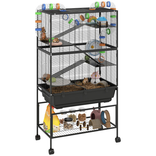PawHut (L) PawHut Hamster Cage, Gerbil Cage on Wheels with Storage Shelf 1