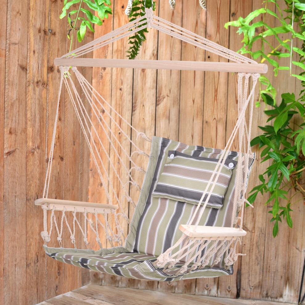 Outsunny Hammock Hanging Rope Chair Swing W/Cushion 100Kg Multicolour Stripe