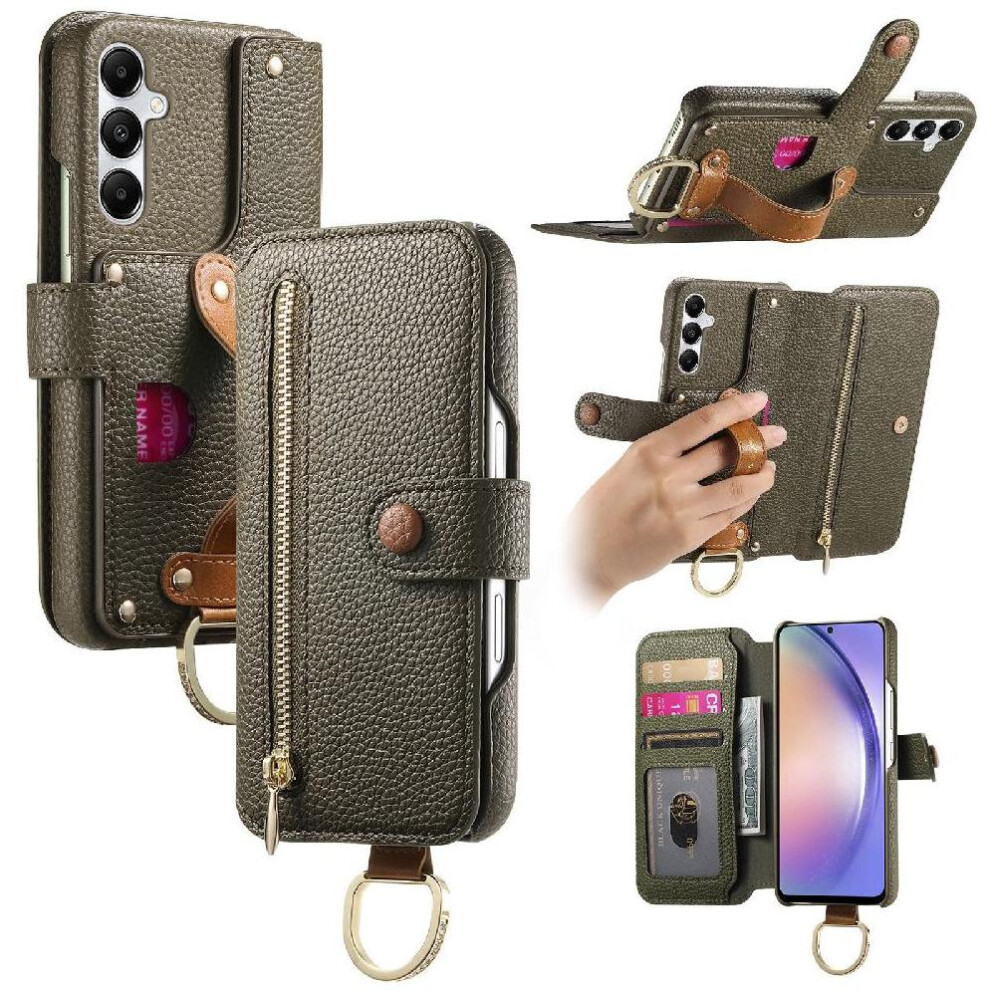 (Green) Flip Case For Samsung Galaxy A55 Wallet Crad Slot Zipper Stand Wristband Green 764544198554