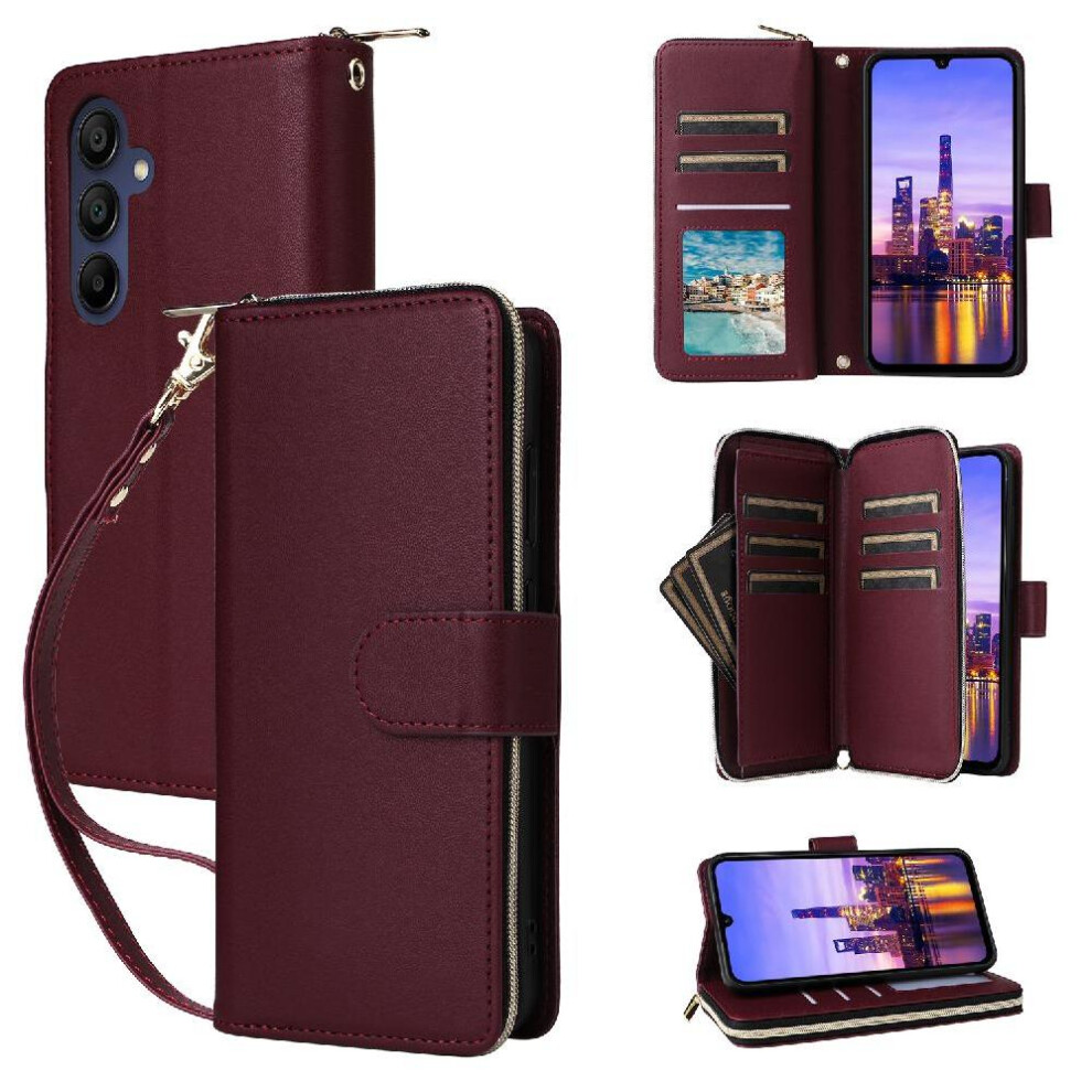 (Red) Wallet Case For Samsung Galaxy A16 Crossbody And Wrist Strap Magnetic Closure Zipper Pocket 9 Card Holder Pu Leather Red 764544200905