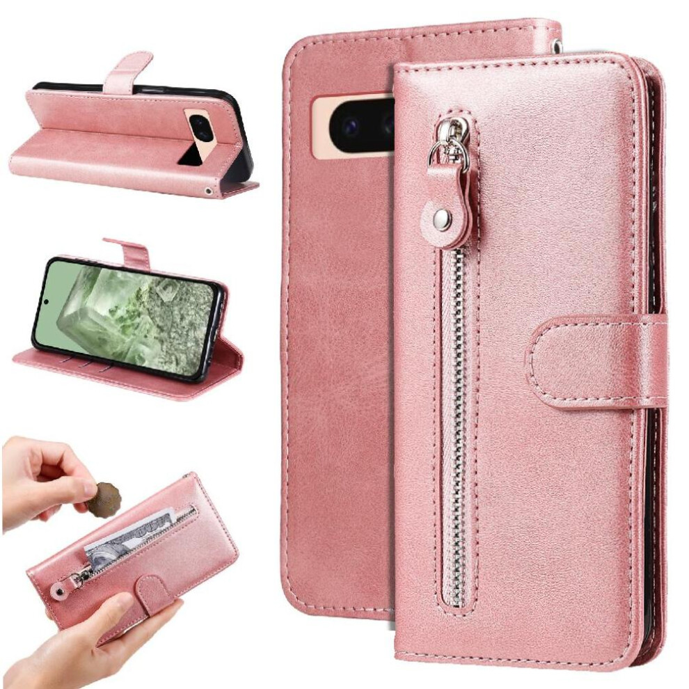 (Pink) Case For Google Pixel 8A Zipper Protective Cover Leather Card Slot Holders Pink 764544203173