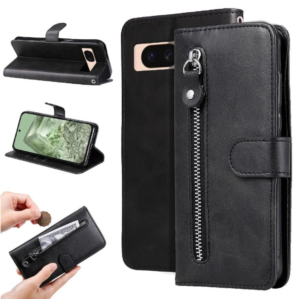 (Black) Case For Google Pixel 8A Zipper Protective Cover Leather Card Slot Holders Black 764544203203
