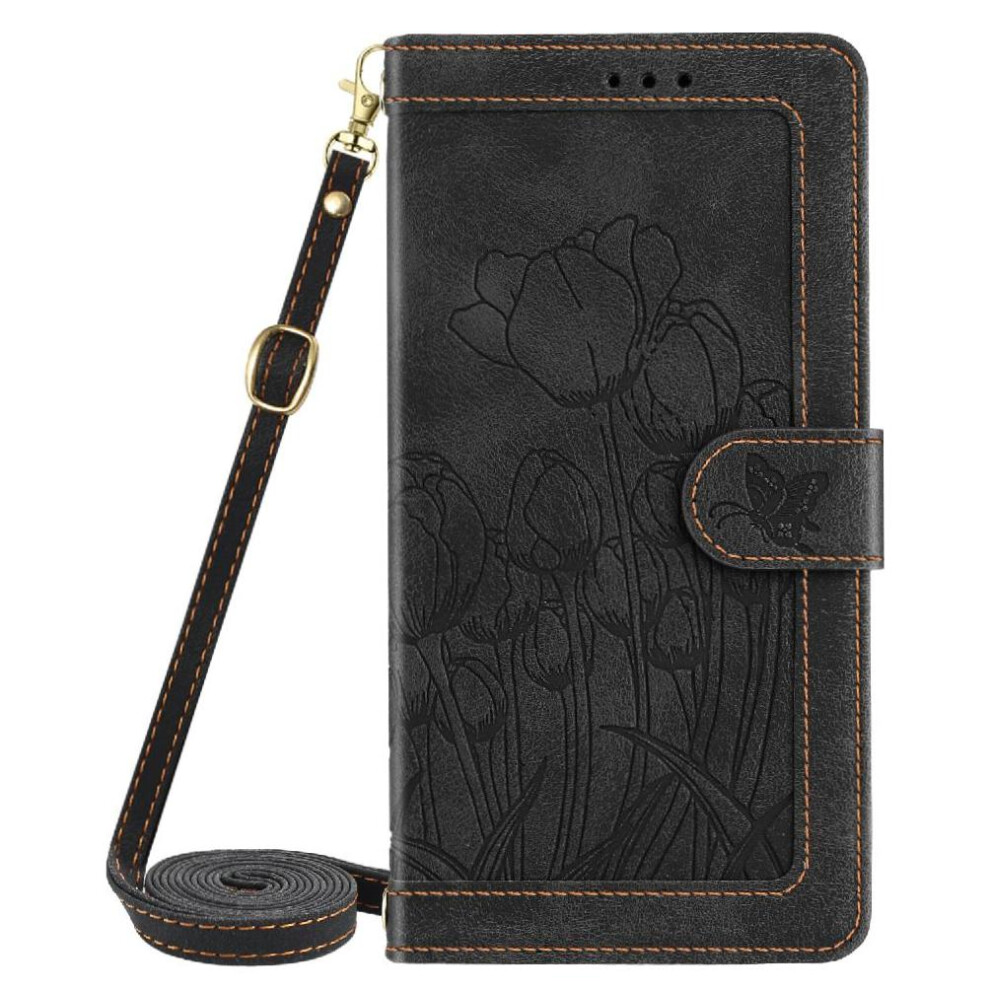 (Black) Fashion Wallet Case For Google Pixel 7A Tulip Embossed Flip Case Kickstand Crossbody And Wrist Strap Magnetic Closure Pu Leather Black 764544204149